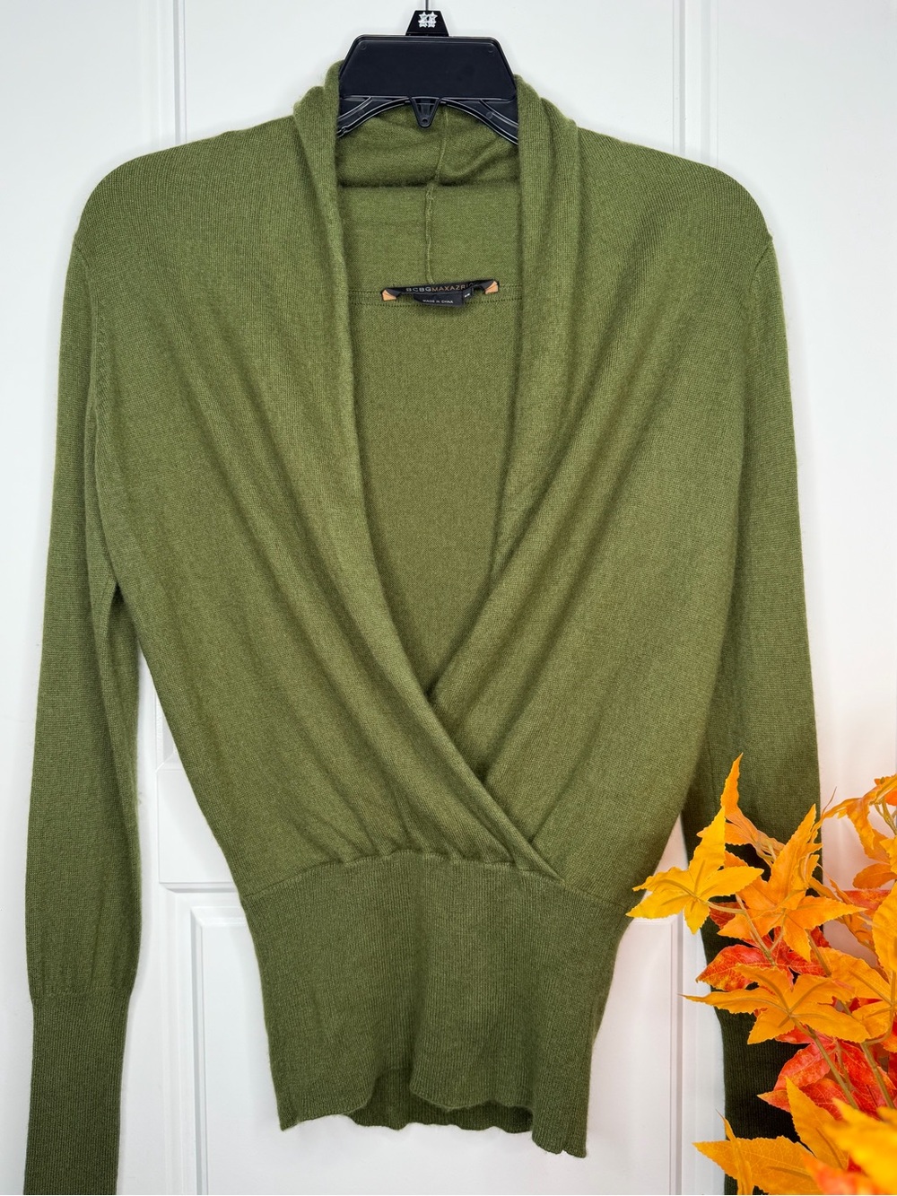 BCBGMaxAzria Olive Green V-Neck Wrap Sweater
